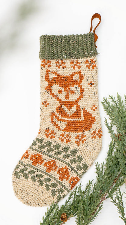CROCHET PATTERN Woodland Fox Crochet Stocking Pattern, Charts and Video Instruction on Making a Fox Colorwork Stocking. Rustic Stocking