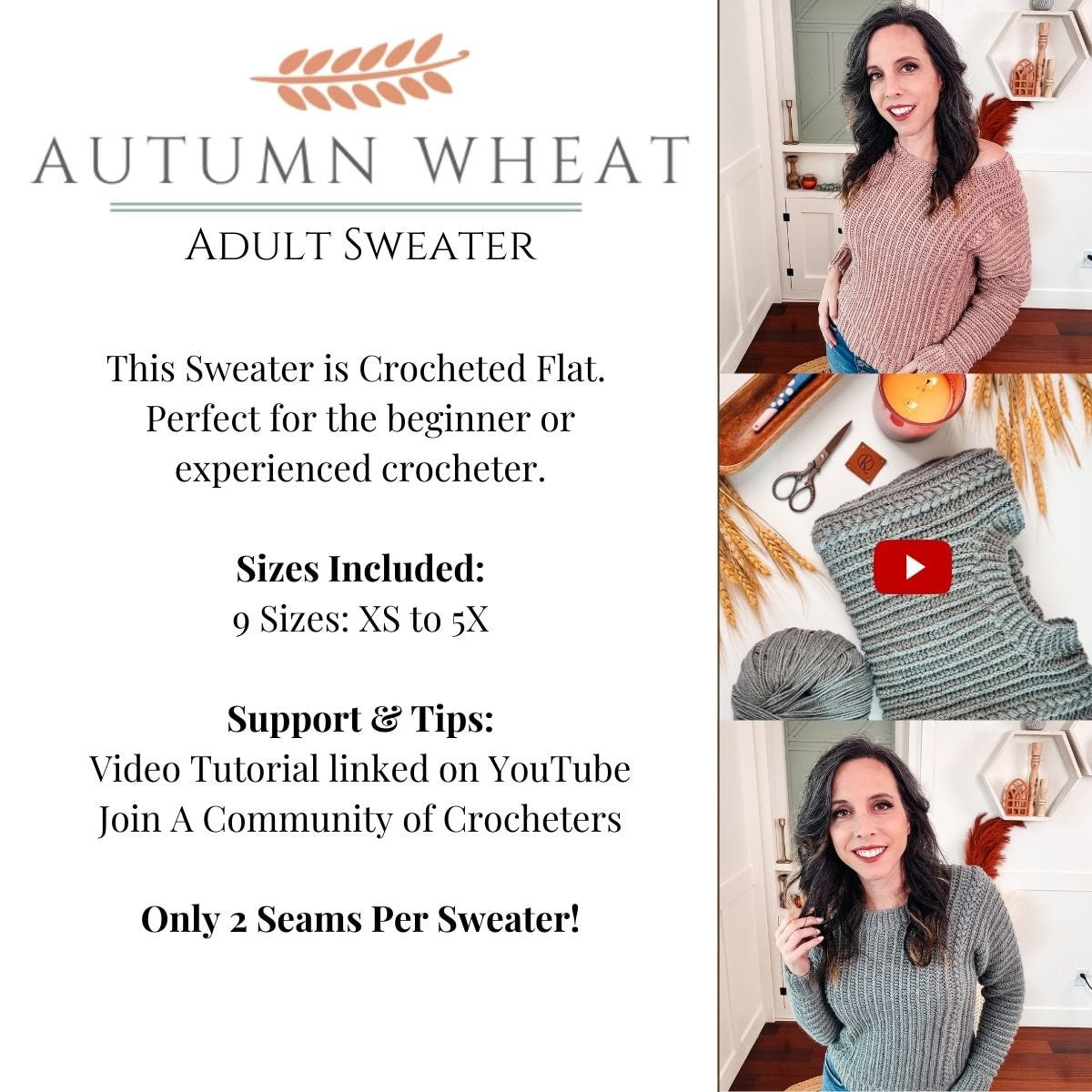 CROCHET PATTERN + VIDEO Autumn Wheat Crochet Sweater Pattern in Sizes xs-5X. Easy Crochet Pattern & Beginner Friendly - Crocheted Flat.