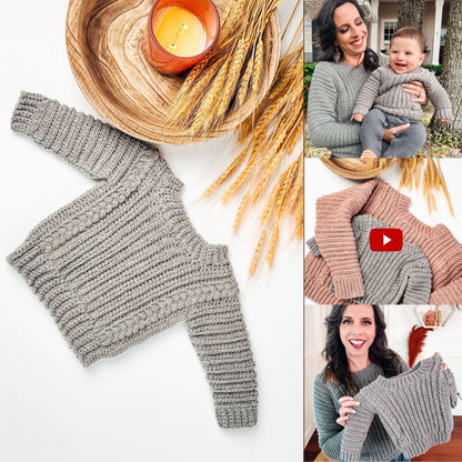 Collage of a gray crochet child sweater laid flat, a woman holding a baby wearing it, and a video tutorial thumbnail