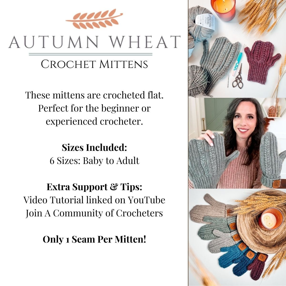 CROCHET PATTERN + VIDEO Autumn Wheat Crochet Mittens in 6 Sizes Newborn to Adult Easy Crochet Pattern & Beginner Friendly - Crocheted Flat