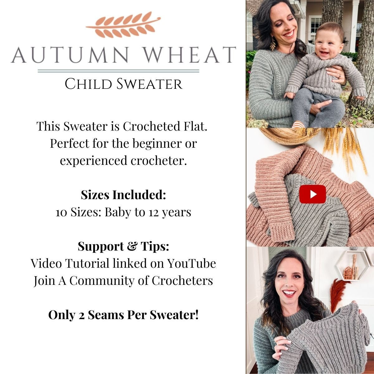 CROCHET PATTERN + VIDEO Autumn Wheat Crochet Baby to Child Sweater Pattern Sizes. Easy Crochet Pattern & Beginner Friendly - Crocheted Flat