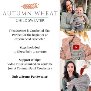 Pattern info graphic listing 10 sizes and video support beside photos of the gray crochet sweater on a baby