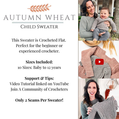 Pattern info graphic listing 10 sizes and video support beside photos of the gray crochet sweater on a baby