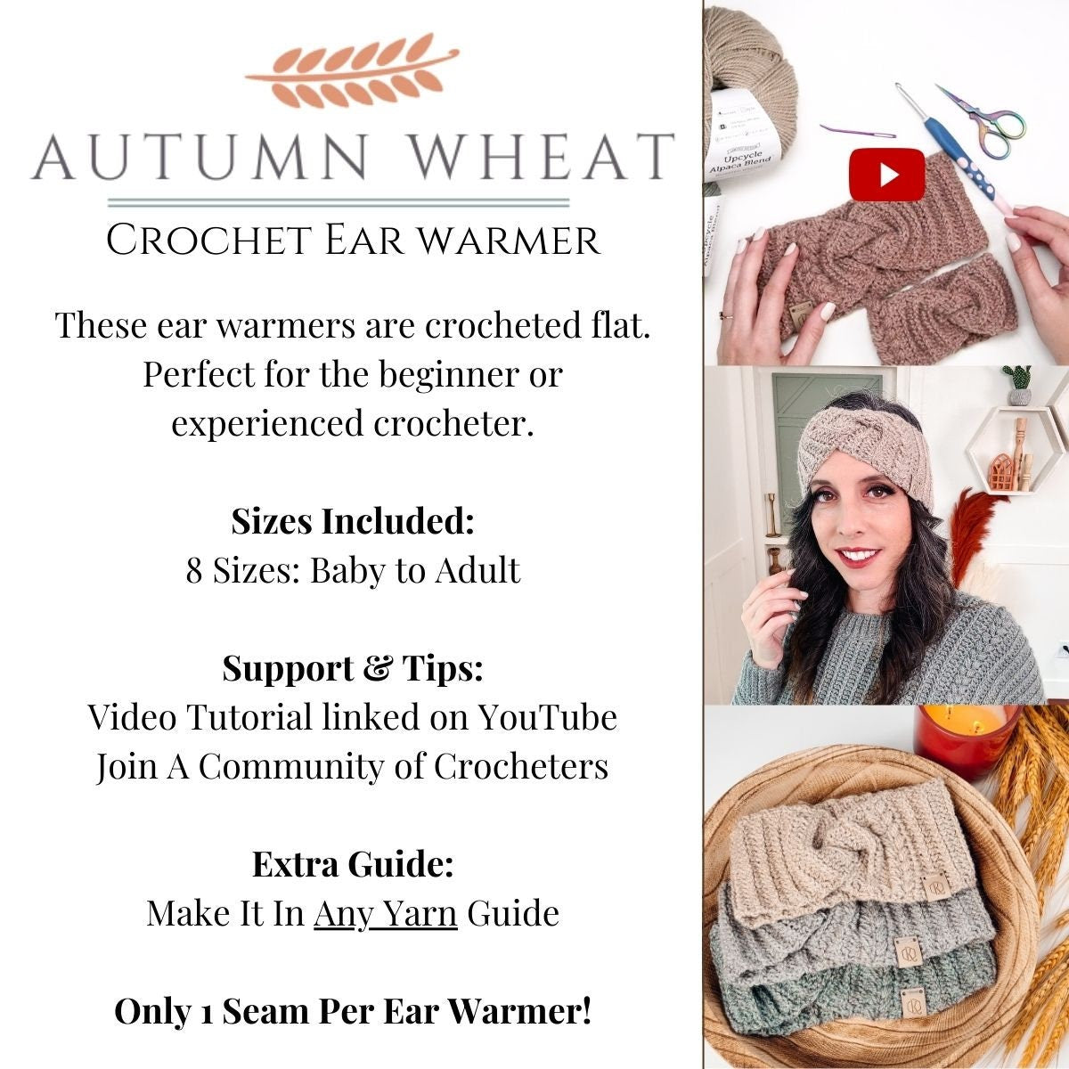 CROCHET PATTERN + VIDEO Autumn Wheat Crochet Ear Warmer Headband in 8 Sizes Newborn to Adult. Easy Crochet Pattern & Beginner Friendly