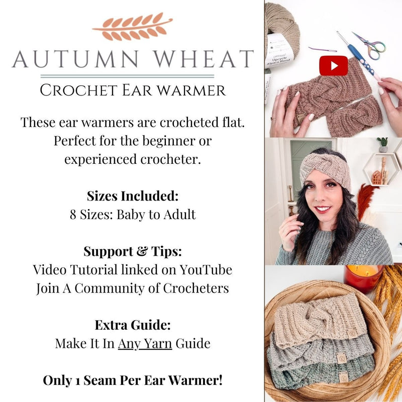 Pattern info graphic listing 8 sizes and video tutorial, with photos of crochet ear warmers being made and worn