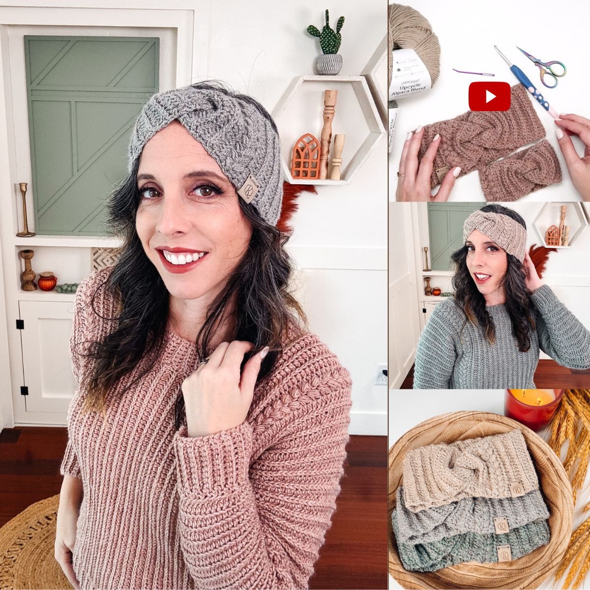 CROCHET PATTERN + VIDEO Autumn Wheat Crochet Ear Warmer Headband in 8 Sizes Newborn to Adult. Easy Crochet Pattern & Beginner Friendly