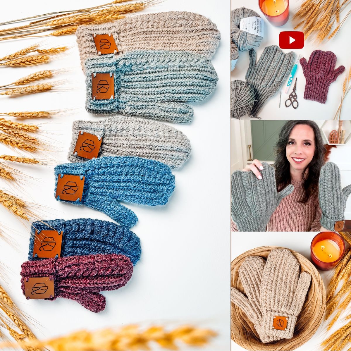 CROCHET PATTERN + VIDEO Autumn Wheat Crochet Mittens in 6 Sizes Newborn to Adult Easy Crochet Pattern & Beginner Friendly - Crocheted Flat