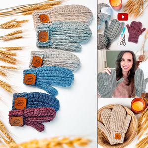 Collage of crochet mittens in six colors, supplies with a video icon, a woman holding gray mittens, and beige mittens