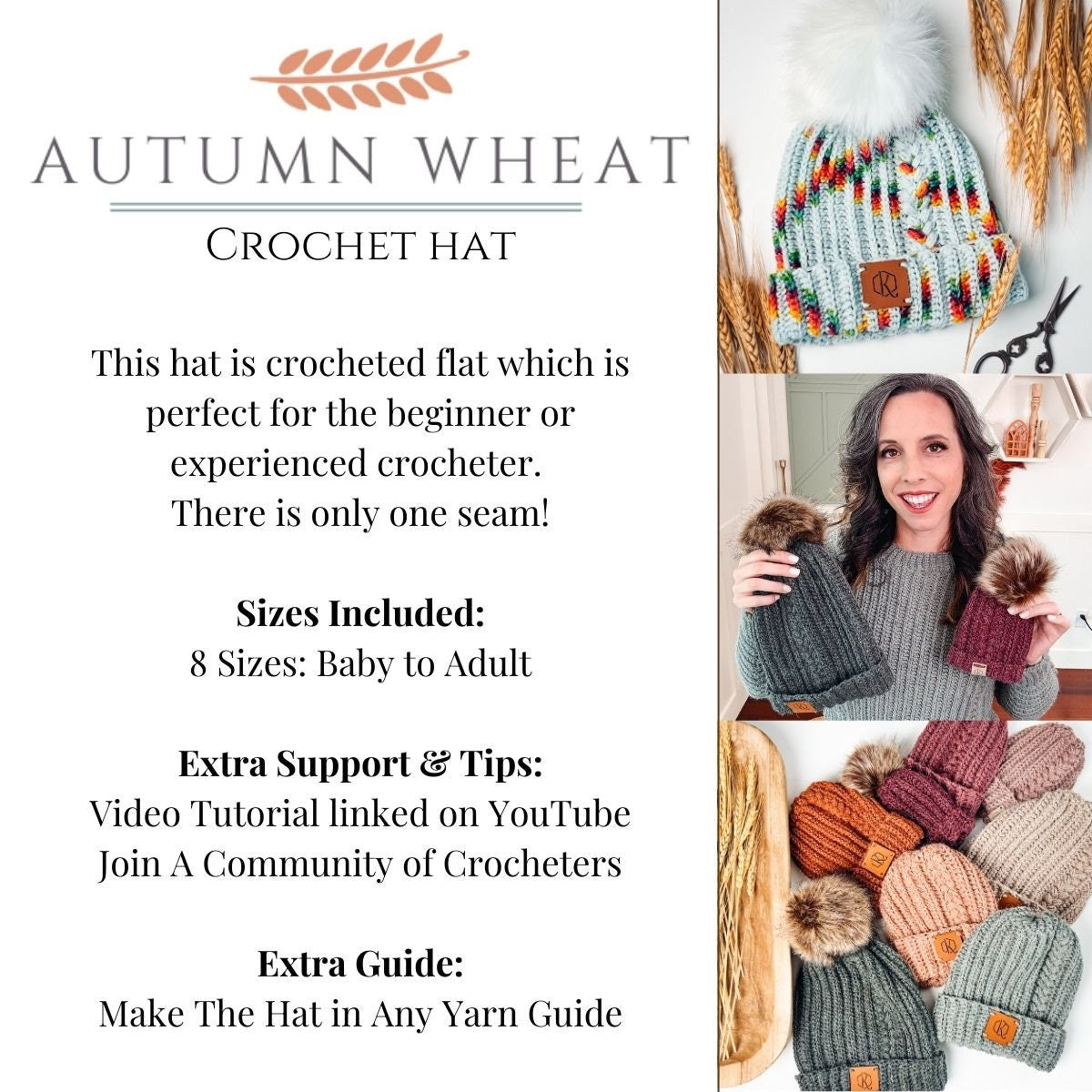 CROCHET PATTERN + VIDEO Autumn Wheat Crochet Hat Beanie in 8 Sizes Newborn to Adult. Easy Pattern & Beginner Friendly, Crocheted Flat