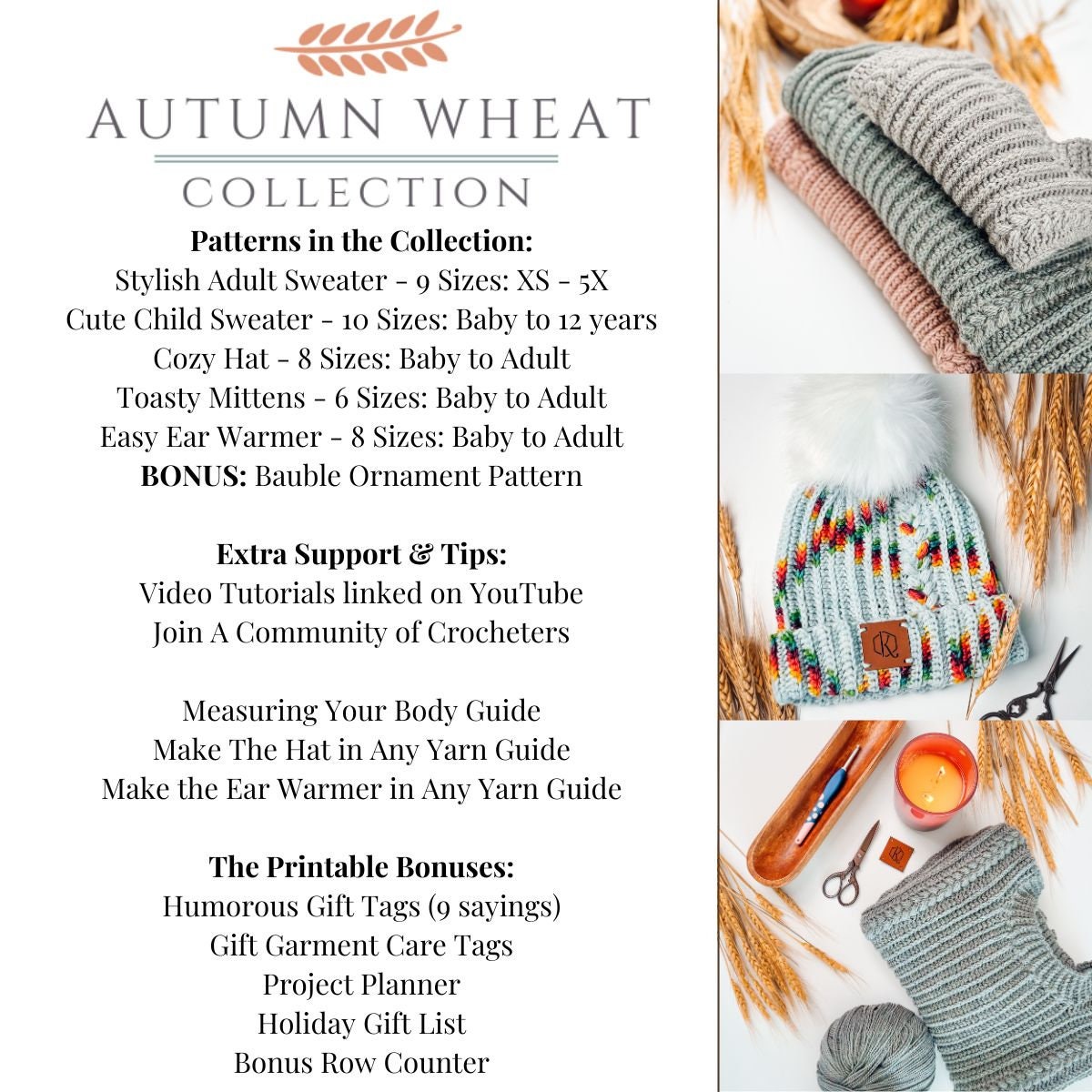 CROCHET PATTERNS + VIDEO Autumn Wheat Crochet Collection Ebook. 5 Crochet Patterns + Guides & Bonuses. Beginner Friendly and Crocheted Flat