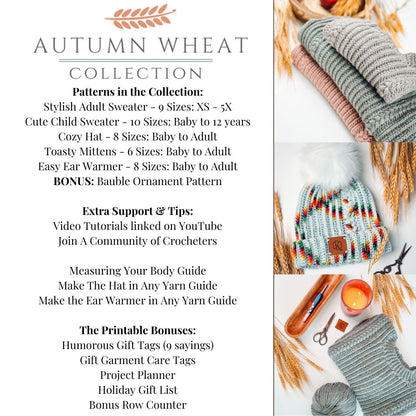 CROCHET PATTERNS + VIDEO Autumn Wheat Crochet Collection Ebook. 5 Crochet Patterns + Guides & Bonuses. Beginner Friendly and Crocheted Flat