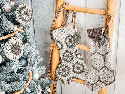 CROCHET PATTERN + VIDEO Festive Granny Hexagon Stocking. Written Instructions and Video Tutorial - Christmas Crochet Stocking. Granny Motif