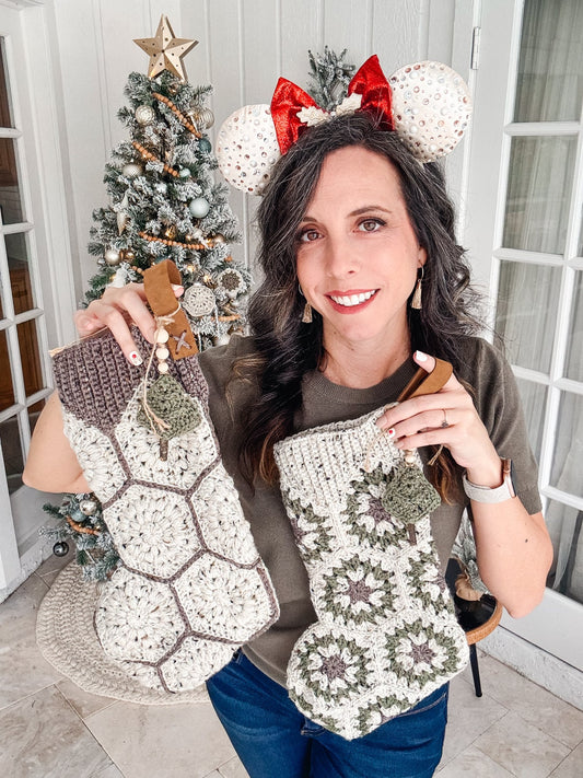 CROCHET PATTERN + VIDEO Festive Granny Hexagon Stocking. Written Instructions and Video Tutorial - Christmas Crochet Stocking. Granny Motif