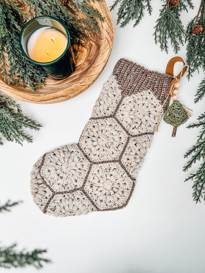 CROCHET PATTERN + VIDEO Festive Granny Hexagon Stocking. Written Instructions and Video Tutorial - Christmas Crochet Stocking. Granny Motif
