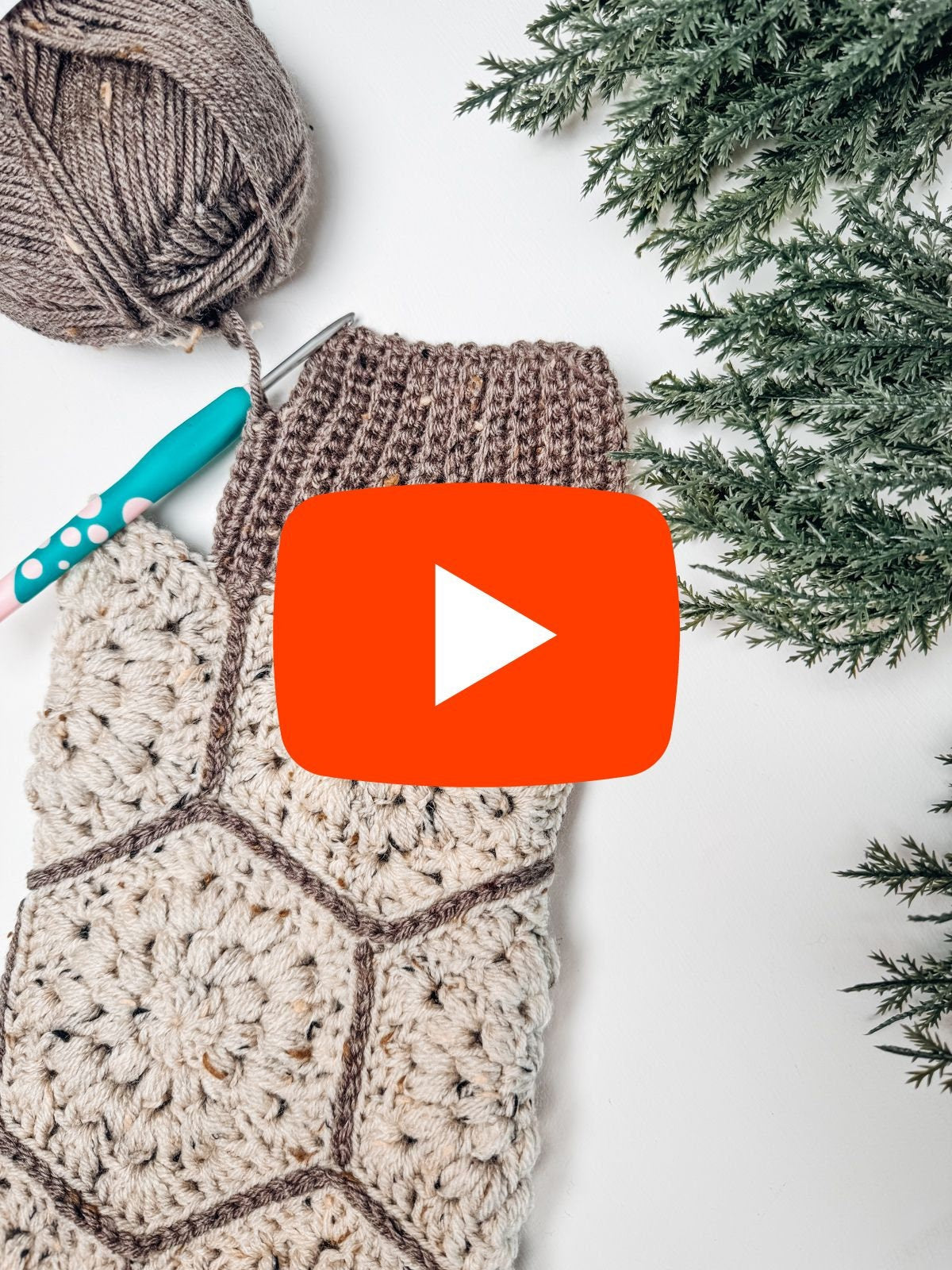 CROCHET PATTERN + VIDEO Festive Granny Hexagon Stocking. Written Instructions and Video Tutorial - Christmas Crochet Stocking. Granny Motif