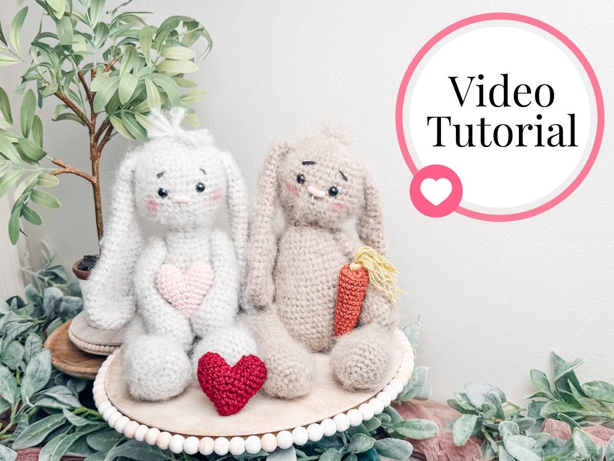CROCHET PATTERN + VIDEO Crochet Bunny Pattern, Easter Bunny, Amigurumi bunny. Easy Crochet Pattern. Valentine's Bunny with Crochet Heart.