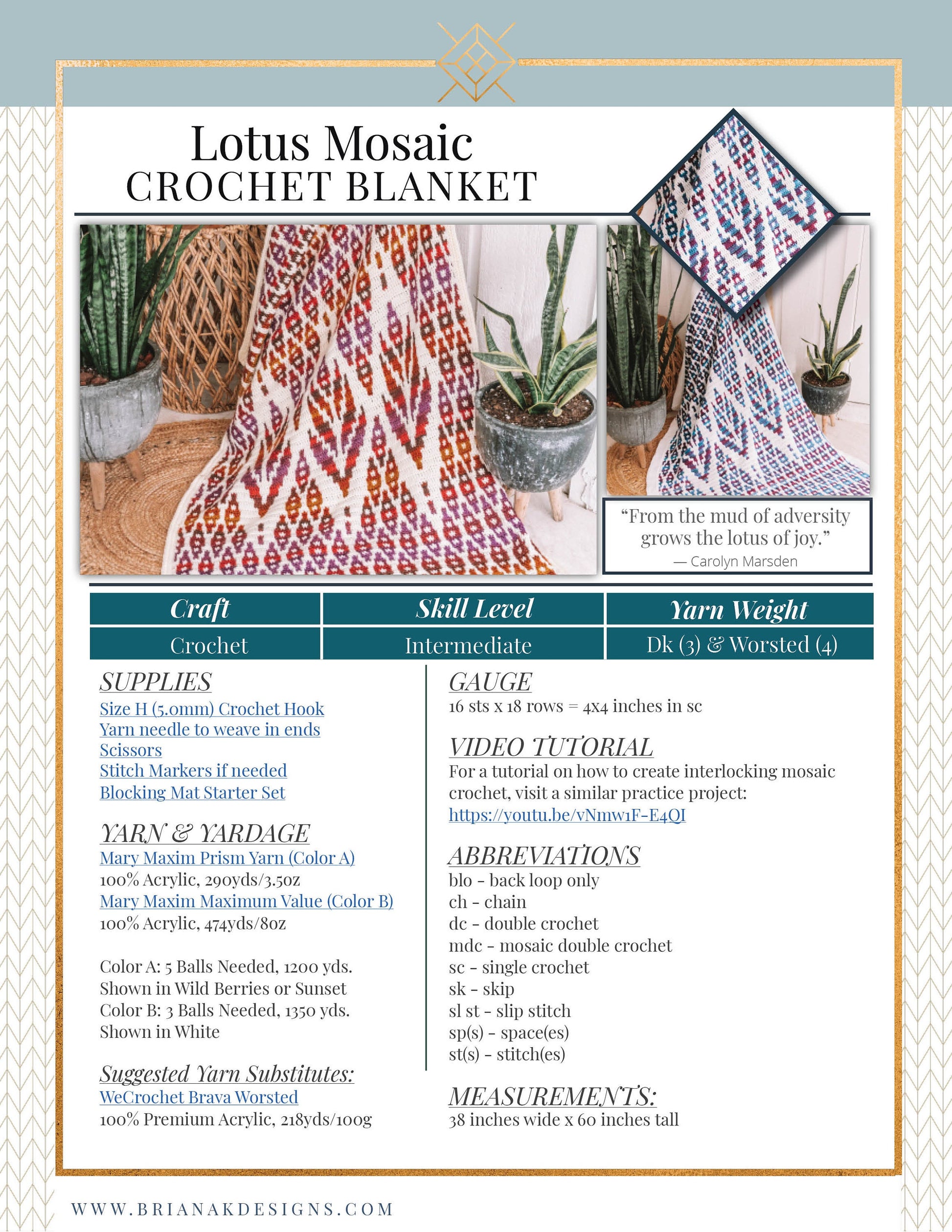 CROCHET PATTERN Lotus Mosaic Crochet Blanket Pattern - Inset Mosaic Crochet Afghan - Instant Download PDF Pattern