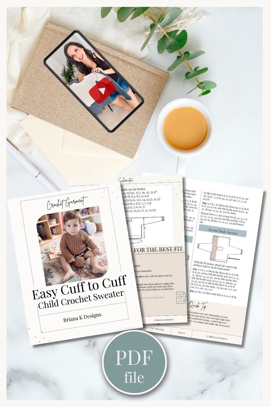 Knitting pattern booklet titled "Easy Cuff to Cuff Child Crochet Sweater" displayed with a tablet, coffee cup, and plant. The booklet shows a child modeling the sweater with vintage clothes, size charts, and instructions..