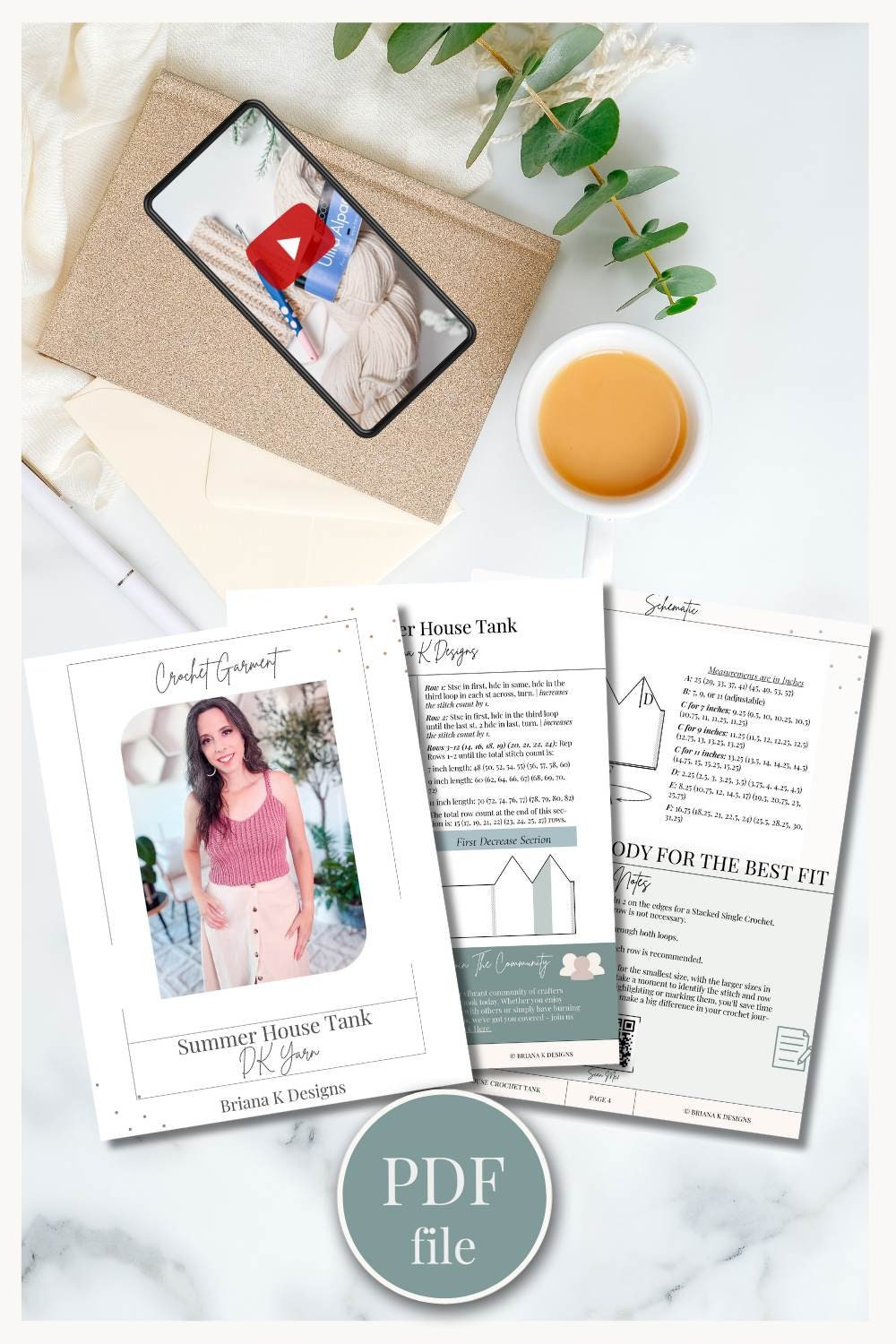 A digital pattern PDF for a knitted summer tank top titled "Summer House Tank" by Briana K Designs, against a background with a cup of coffee, phone displaying a YouTube logo, and stationery items—an ideal handmade gift.