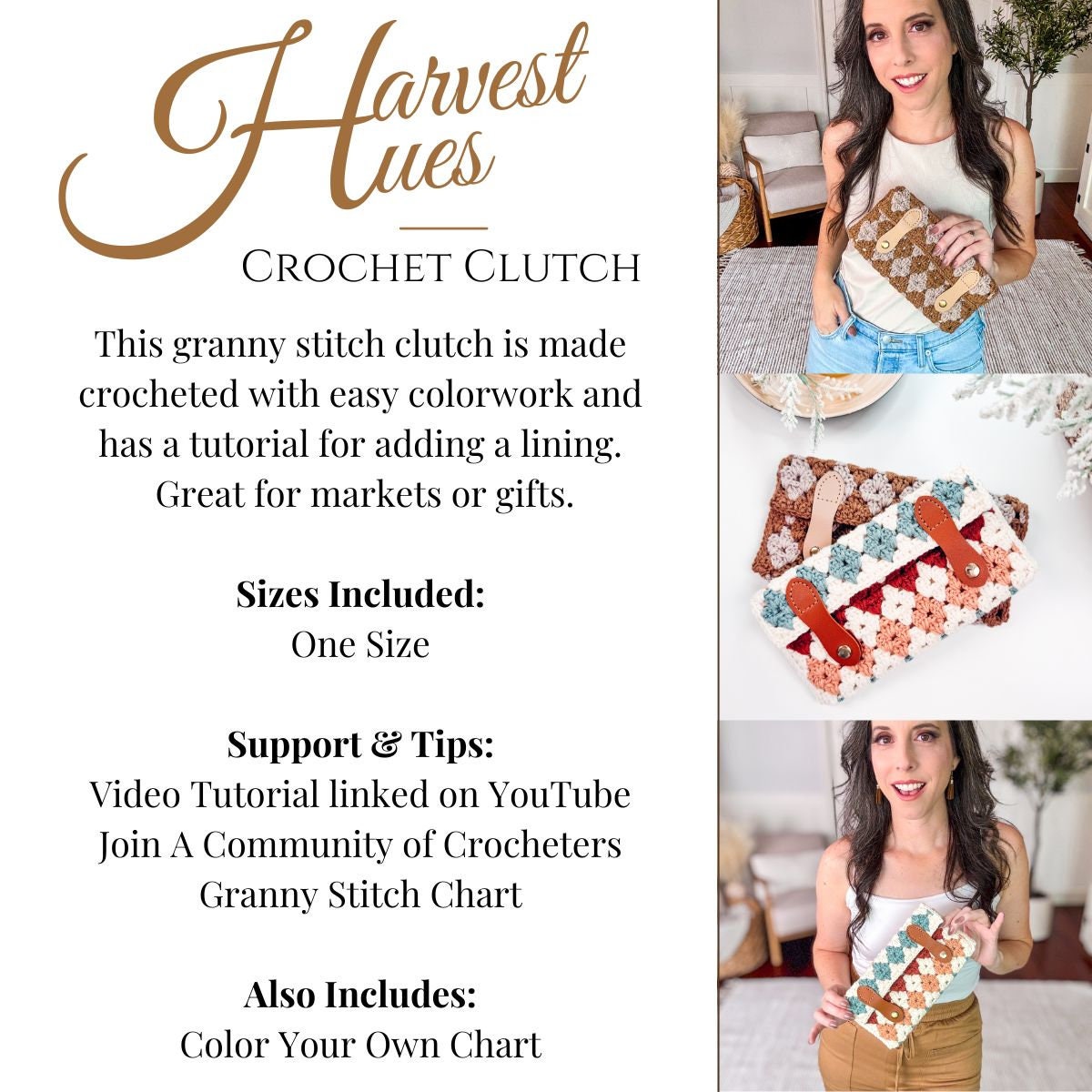 CROCHET PATTERN + VIDEO Granny Stitch Crochet Clutch Pattern, Fun & Easy Colorwork with A Video Tutorial and Chart Instructions.