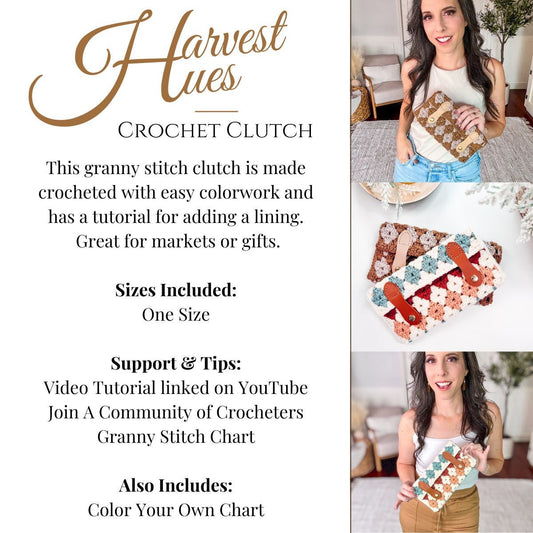 CROCHET PATTERN + VIDEO Granny Stitch Crochet Clutch Pattern, Fun & Easy Colorwork with A Video Tutorial and Chart Instructions.