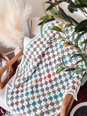 White crochet granny stitch blanket with multicolor speckled clusters draped over a chair near pampas grass
