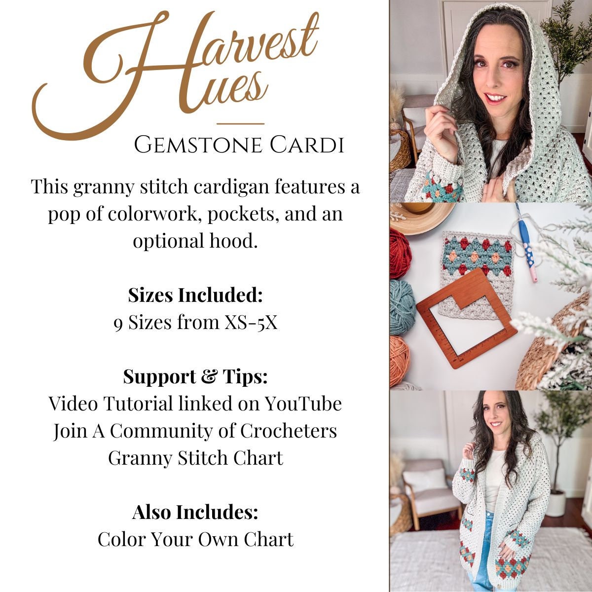 CROCHET PATTERN + VIDEO Gemstone Granny Stitch Crochet Cardigan Pattern with Hood and Pockets Size-Inclusive xs-5x, Video & Colorwork Charts