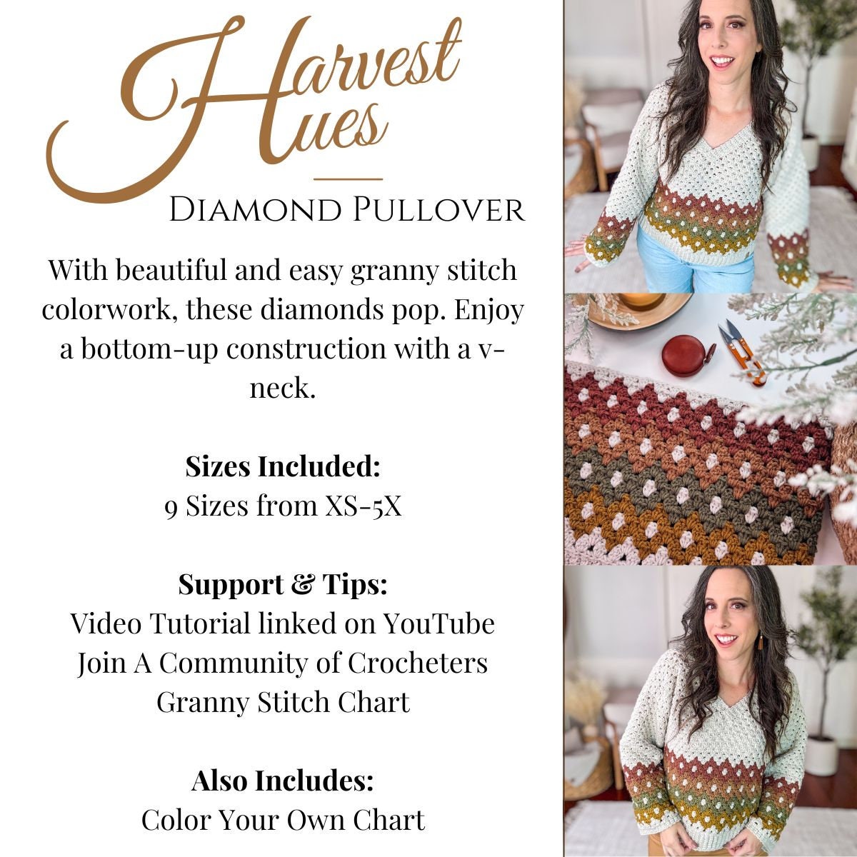 Promotional flyer for "Harvest Hues Diamond Pullover" featuring a granny stitch design. Includes details and images of the pullover. Sizes XS-5X, YouTube tutorial, and color chart available.
