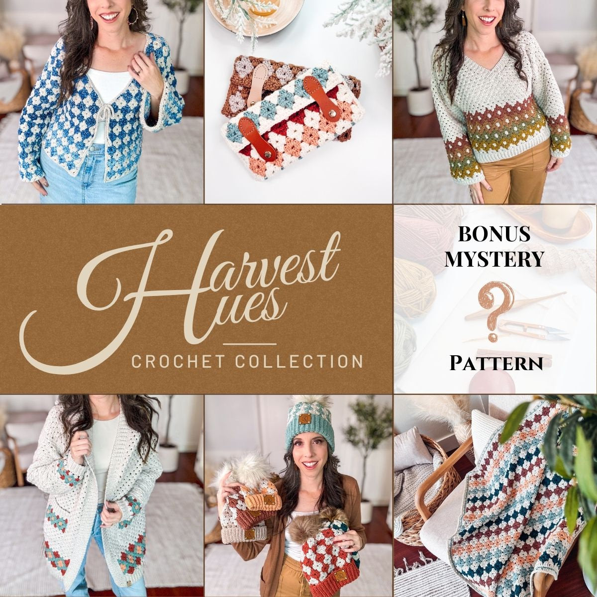 Collage of crochet items from the "Harvest Hues Crochet Collection," featuring sweaters, hats, and cozies in earth fall tones. A central banner with text and a "Bonus Mystery Pattern" section.