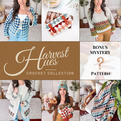 Collage of crochet items from the "Harvest Hues Crochet Collection," featuring sweaters, hats, and cozies in earth fall tones. A central banner with text and a "Bonus Mystery Pattern" section.
