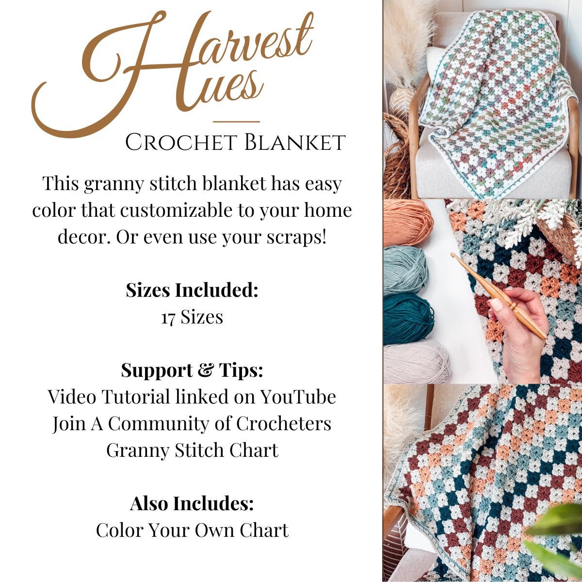 CROCHET PATTERN + VIDEO Colorful Hues Granny Stitch Crochet Blanket Pattern, 17 Size Options with Charts. Easy Crochet Afghan Throw Blanket