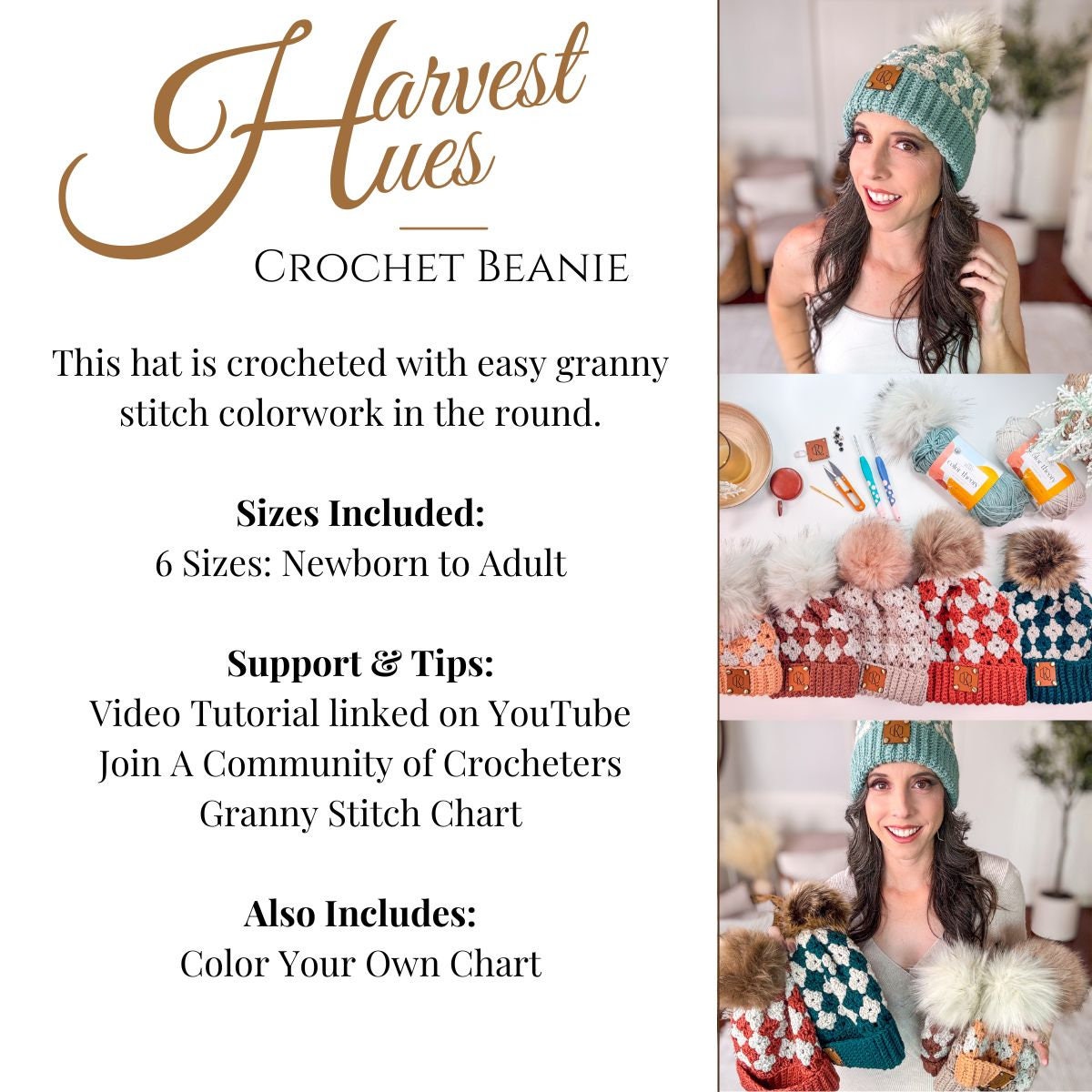 CROCHET PATTERN + VIDEO Harvest Hues Diamond Granny Stitch Crochet Beanie Pattern, Crochet Hat in 6 sizes (baby to adult), Stitch Charts
