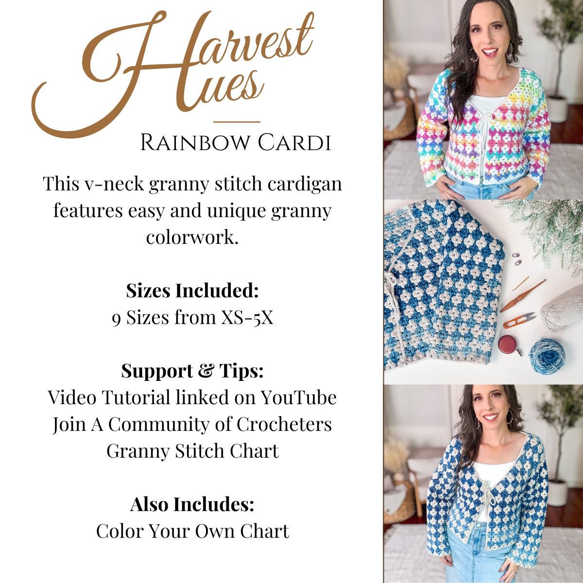 A woman wearing a v-neck granny stitch cardigan stands and sits next to a flat lay of the same cardigan. Text details size range, video tutorial, and community support for crafting the garment.