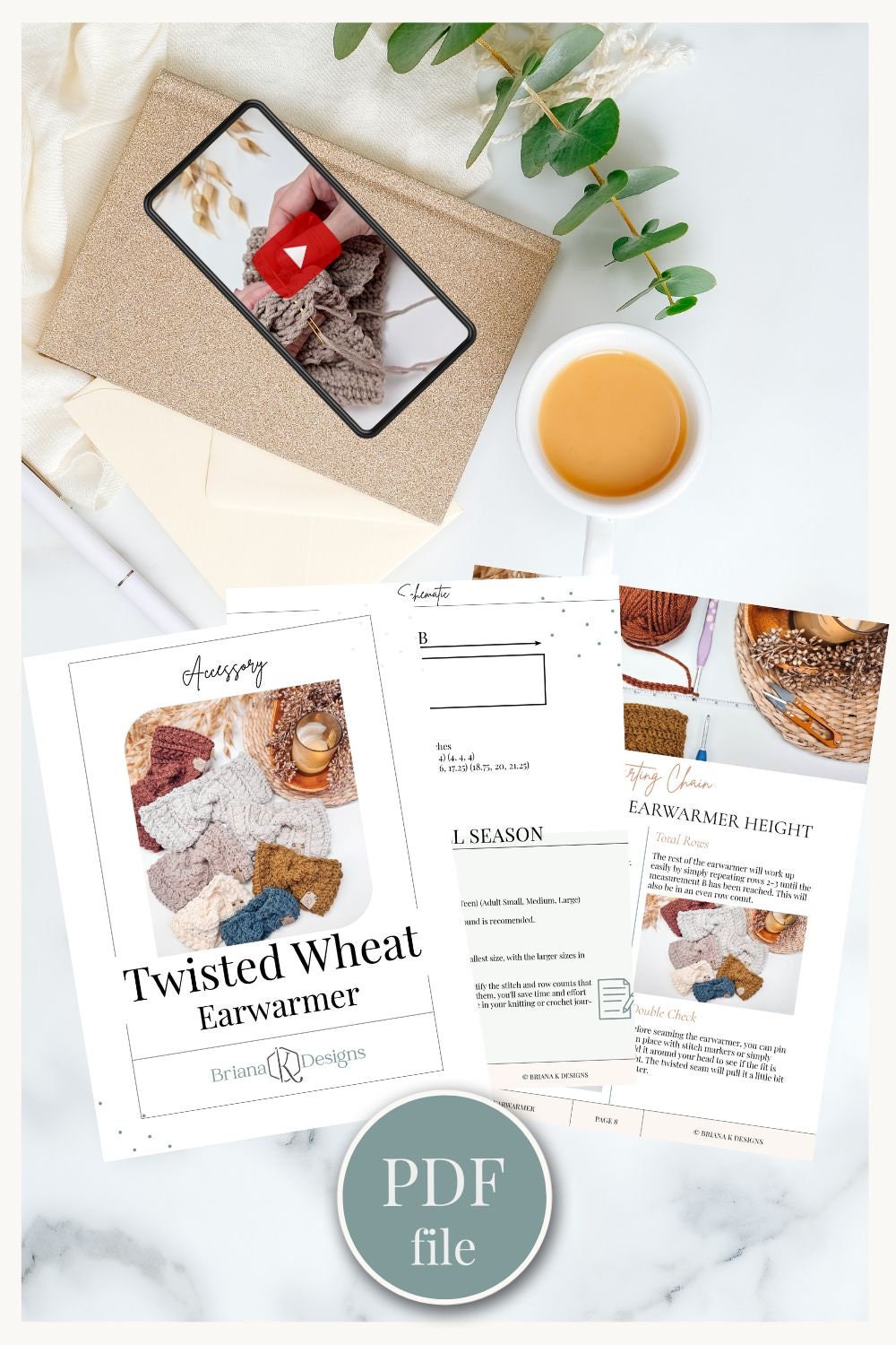 A flat lay image showcasing three earwarmer knitting guides, a smartphone with a video playing, a knitted swatch, a blank notebook with a pen, a cup of coffee, and greenery. Text reads "PDF file." Perfect for crafting unique handmade gifts.