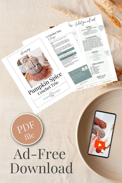 Pattern PDF pages beside a bowl and a phone showing the crochet video tutorial, with PDF file and ad-free text