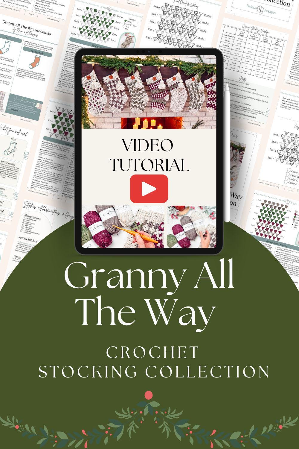 The "Granny All The Way" crochet stocking collection, featured with a video tutorial on a tablet, showcases patterns and festive elements in the background. These handmade gifts pair perfectly with vintage clothes for a charming holiday touch.