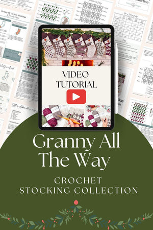 The "Granny All The Way" crochet stocking collection, featured with a video tutorial on a tablet, showcases patterns and festive elements in the background. These handmade gifts pair perfectly with vintage clothes for a charming holiday touch.
