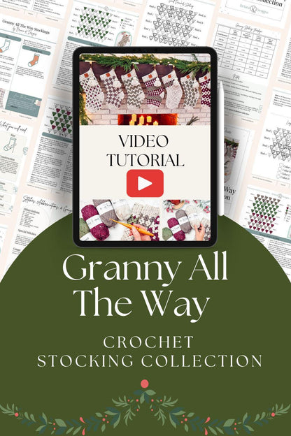The "Granny All The Way" crochet stocking collection, featured with a video tutorial on a tablet, showcases patterns and festive elements in the background. These handmade gifts pair perfectly with vintage clothes for a charming holiday touch.