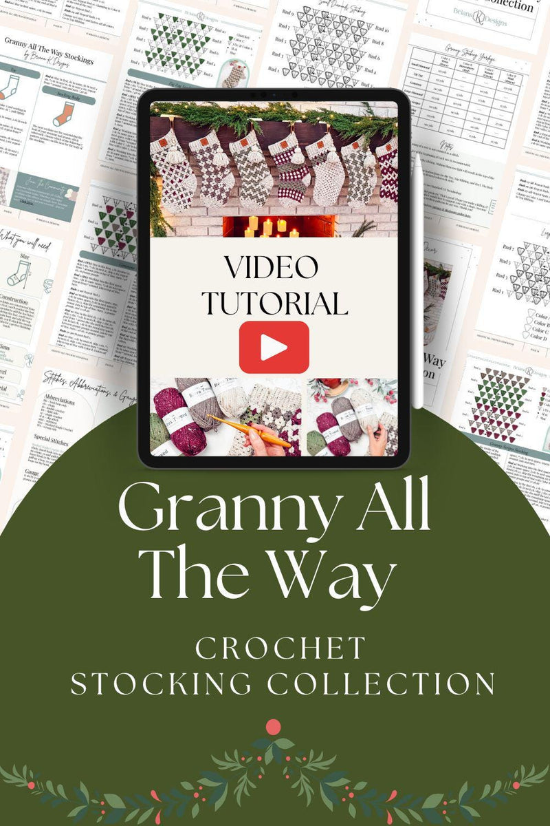 The "Granny All The Way" crochet stocking collection, featured with a video tutorial on a tablet, showcases patterns and festive elements in the background. These handmade gifts pair perfectly with vintage clothes for a charming holiday touch.