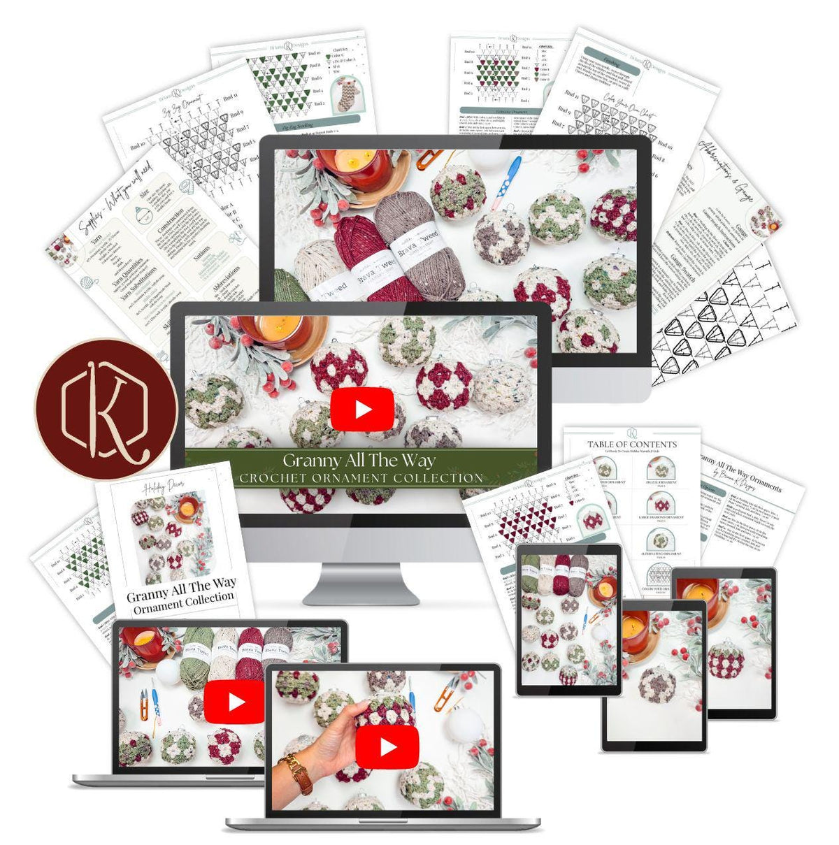 A collection of crochet patterns displayed on various digital devices alongside printed guides, yarn, and ideas for creating handmade gifts.