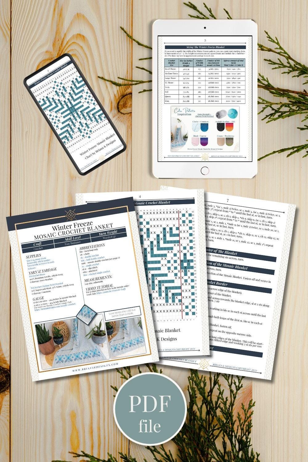 Displayed on a phone, tablet, and printed sheets on a wooden surface adorned with pine branches, this mosaic crochet blanket pattern makes an ideal handmade gift for craft lovers.