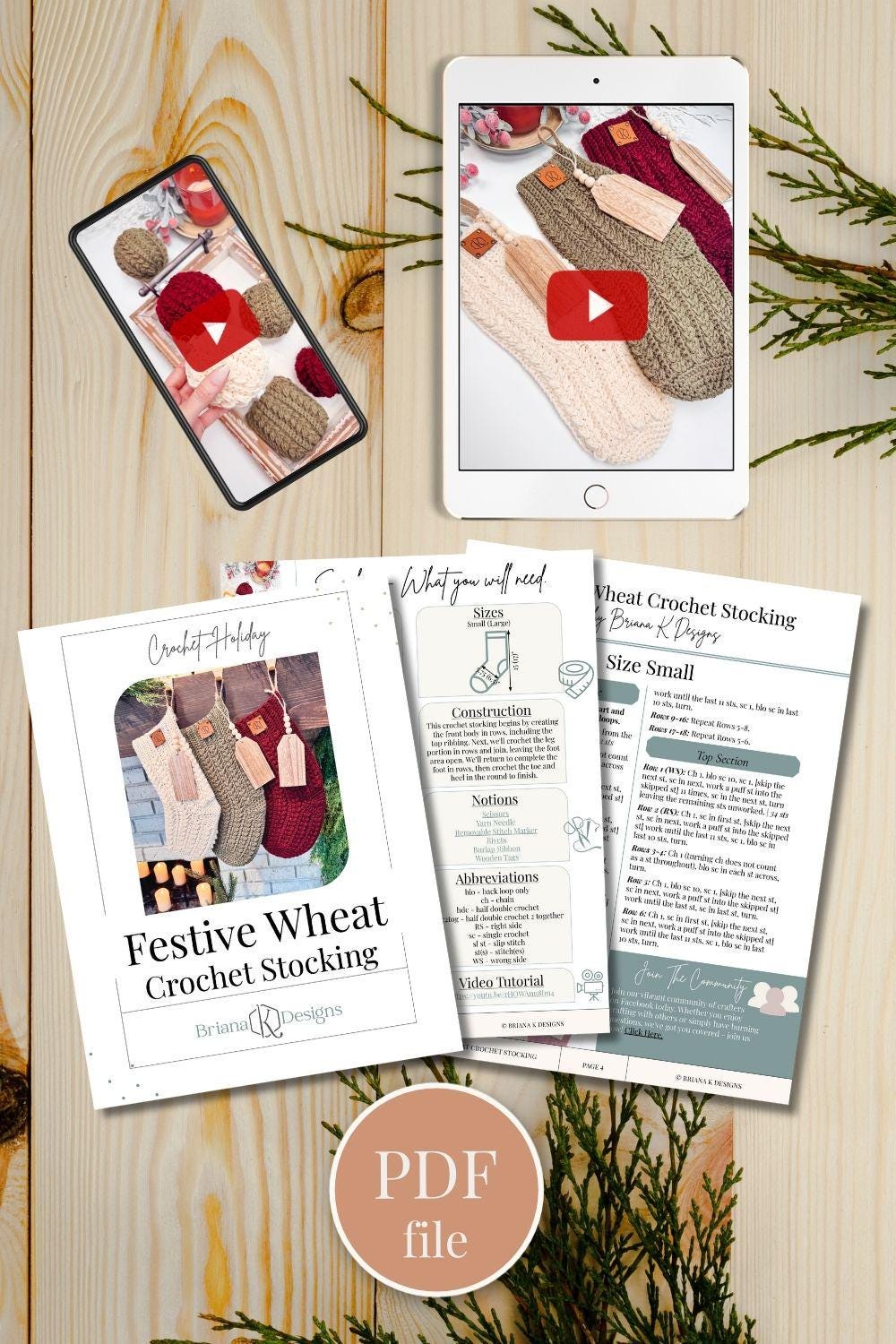 Festive Wheat Crochet Stocking PDF guide, perfect as a handmade gift, features images of stockings, a materials list, and pattern instructions. Includes online video tutorial access, shown on tablet screens with play icons.