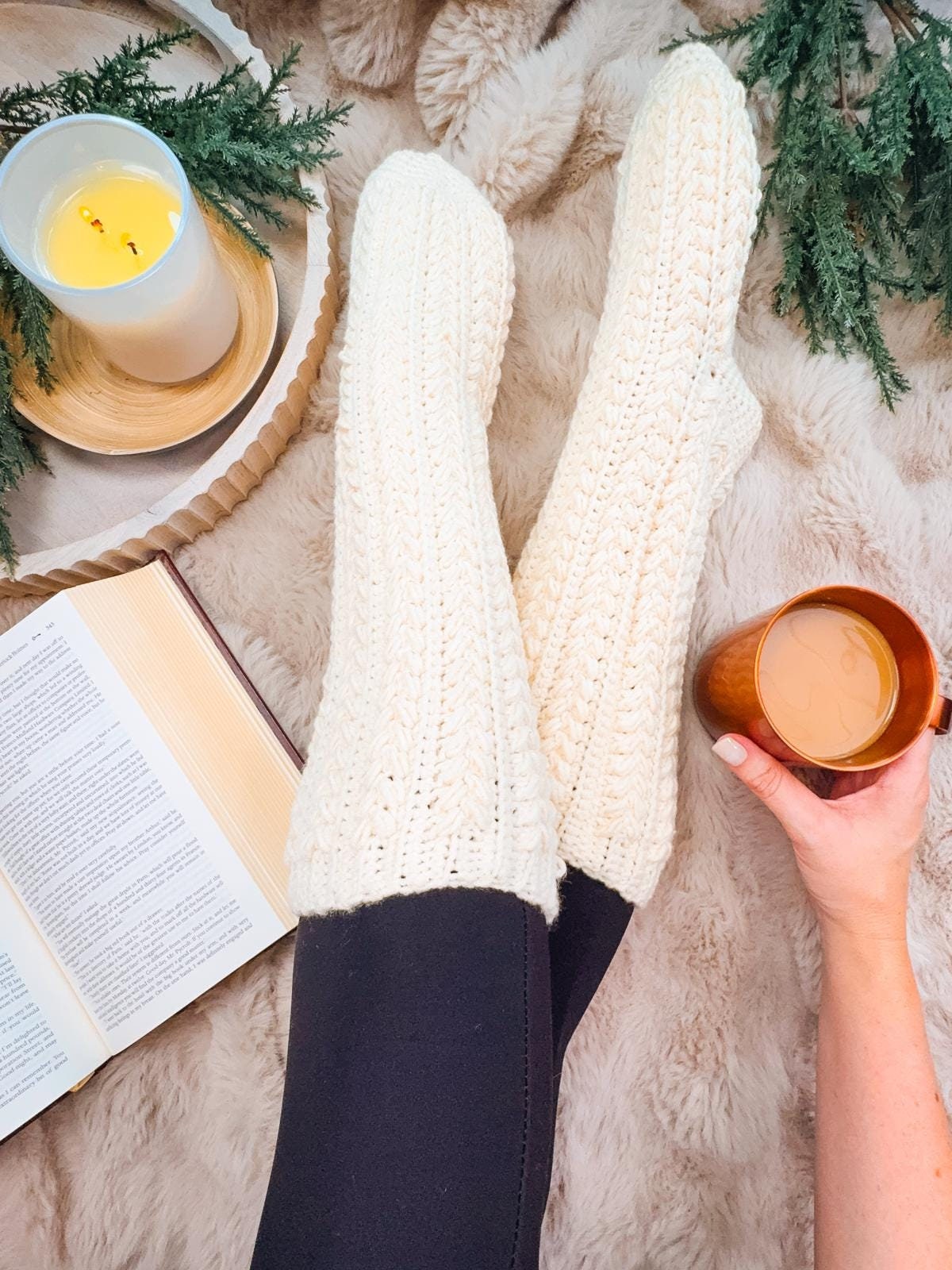 CROCHET PATTERN + VIDEO Snowdrift Wheat Slipper Socks Crochet Pattern, U.S. Women's Shoe Sizes 6-11, Cozy Crochet Wheat Stitch™