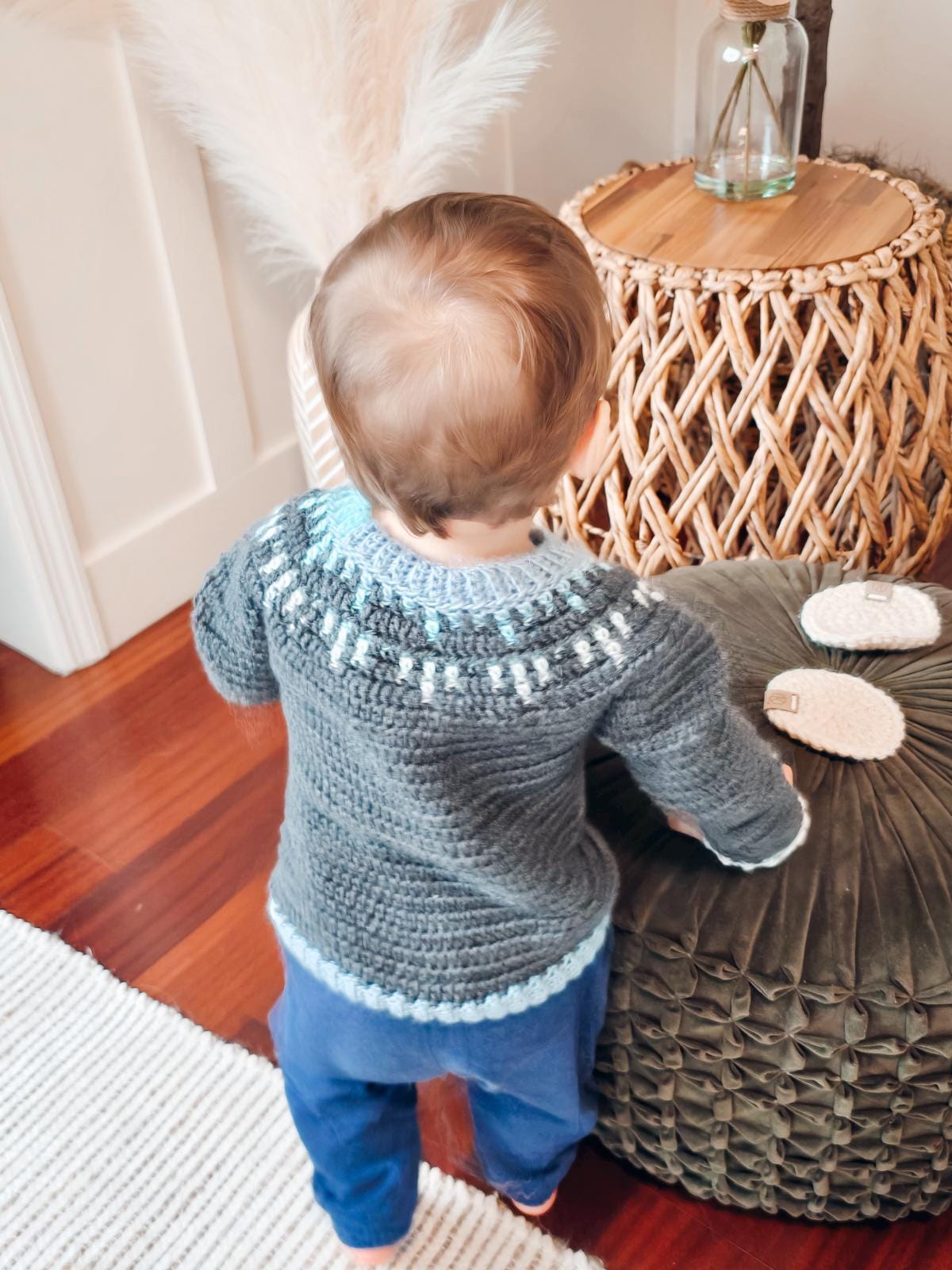Newborn to 12 Years Sweater Pattern Crochet Child Sweater Mosaic Crochet Seamless Sweater Pattern Baby Toddler Kids Digital PDF Download Video Tutorial Included Dark Gray Sweater Light Blue White Accents
