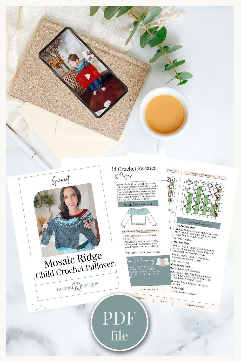 CROCHET PATTERN + VIDEO Child Crochet Sweater Pattern Mosaic Ridge Seamless Sweater, 10 Sizes Newborn to 12 years. Top-Down Crochet Sweater