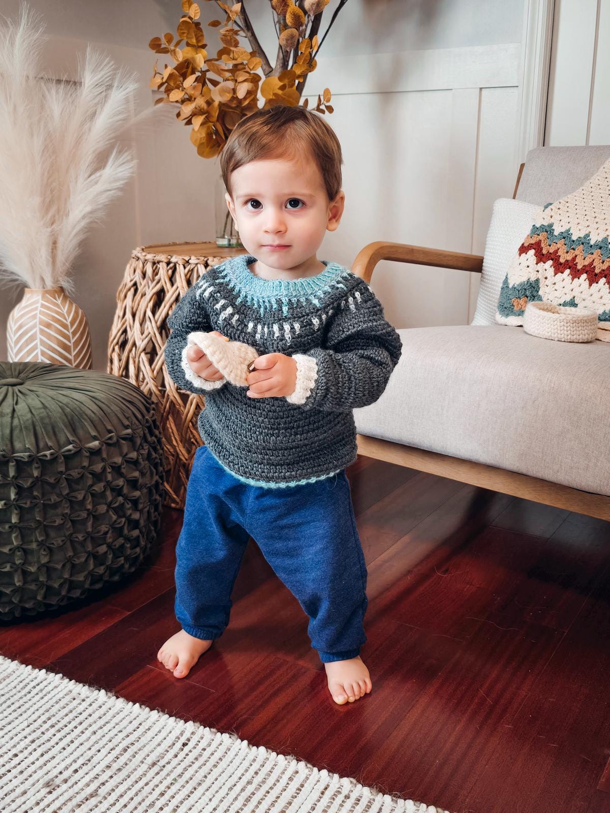Mosaic Crochet Sweater Pattern Crochet Pattern PDF Digital Download Baby Sweater Toddler Sweater Kids Sweater Seamless Top-Down Newborn to 12 Years Video Tutorial Dark Gray Light Blue White Accents