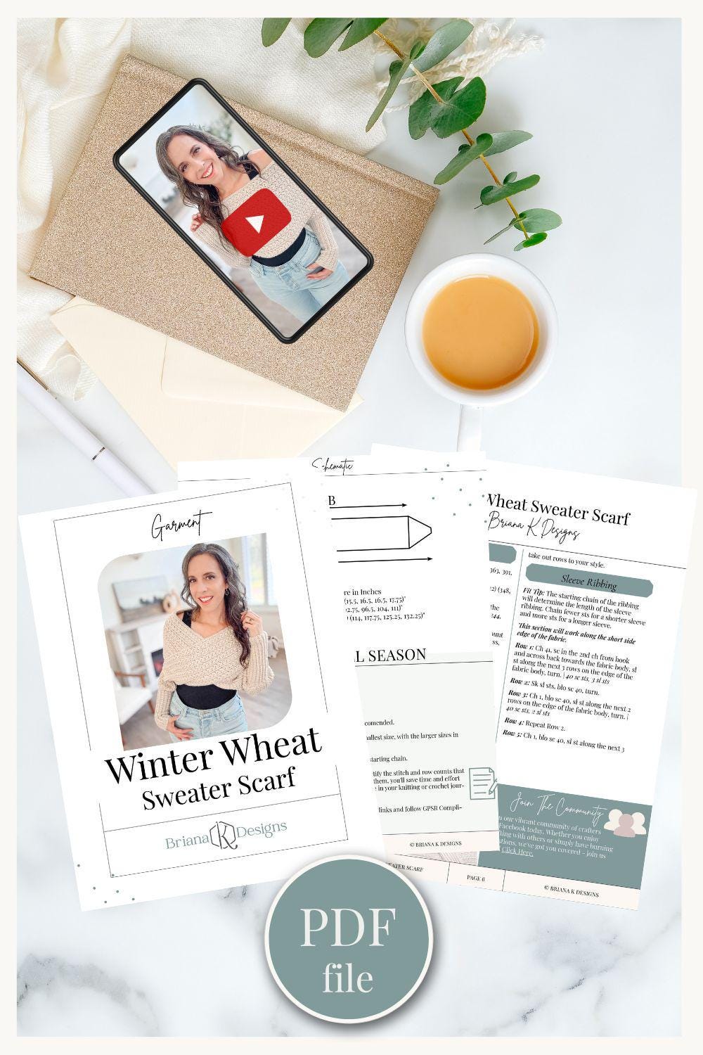 Flat lay with a phone displaying a video thumbnail, a cup of coffee, plant, and printed crochet pattern sheets titled "Winter Wheat Sweater Scarf." Perfect for those seeking unique handmade gifts to pair with vintage clothes.