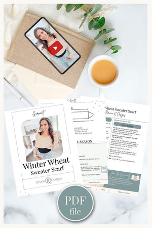 Pattern PDF pages beside a phone showing the video tutorial, a cup of tea and eucalyptus sprigs