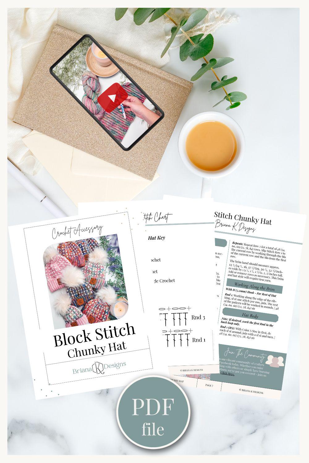 Knitting pattern printouts for a Block Stitch Chunky Hat are displayed next to an envelope, a phone with a play button, a cup of coffee, and a plant—perfect for crafting the ideal handmade gift. PDF file label at the bottom.