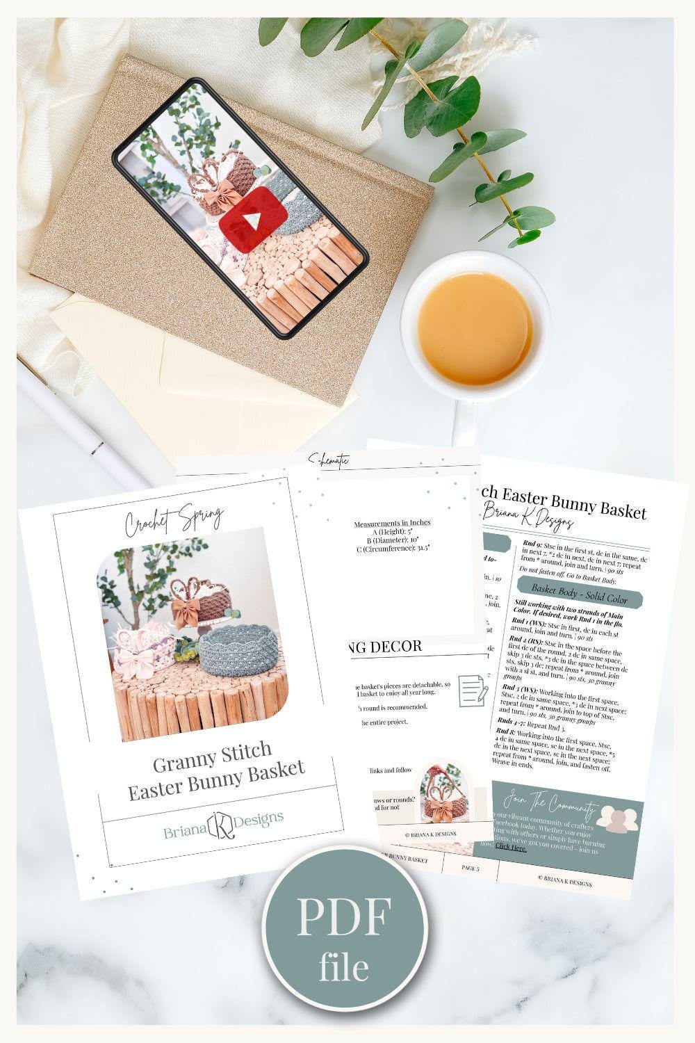 Crochet pattern layout featuring a phone with a video, a cup of coffee, and pages titled "Granny Stitch Easter Bunny Basket" with text and images on a light background. It's perfect as a handmade gift, blending charm and personal touch for someone special.